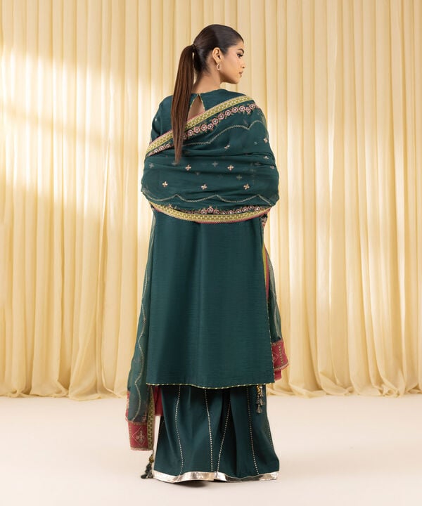 3 Piece - Embroidered Raw Silk Suit (Unstitched)