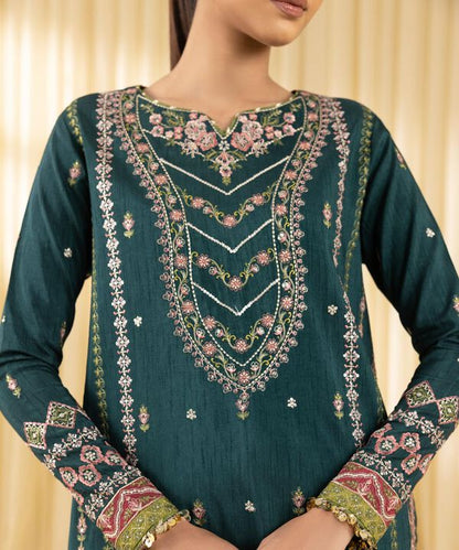 3 Piece - Embroidered Raw Silk Suit (Unstitched)
