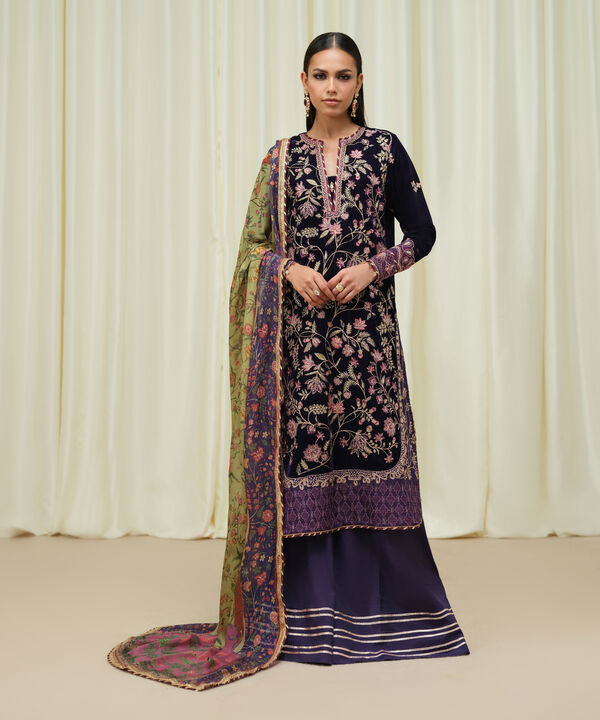 3 Piece - Embroidered Raw Silk Suit