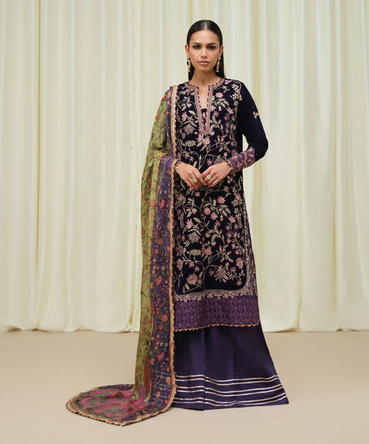 3 Piece - Embroidered Raw Silk Suit