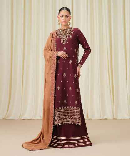 3 Piece - Embroidered Raw Silk Suit