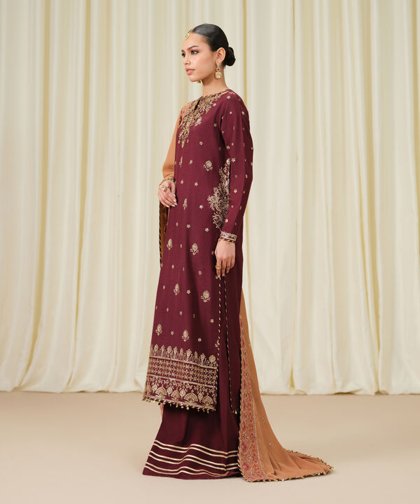 3 Piece - Embroidered Raw Silk Suit