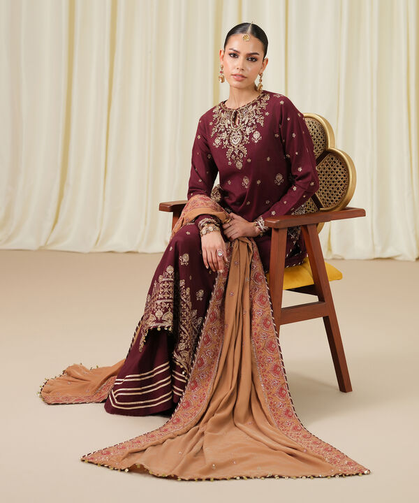 3 Piece - Embroidered Raw Silk Suit