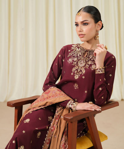 3 Piece - Embroidered Raw Silk Suit