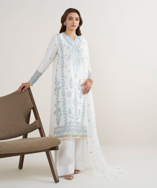 3 Piece - Embroidered Raw Silk Suit