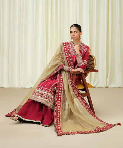 3 Piece - Embroidered Raw Silk Suit