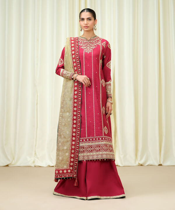 3 Piece - Embroidered Raw Silk Suit