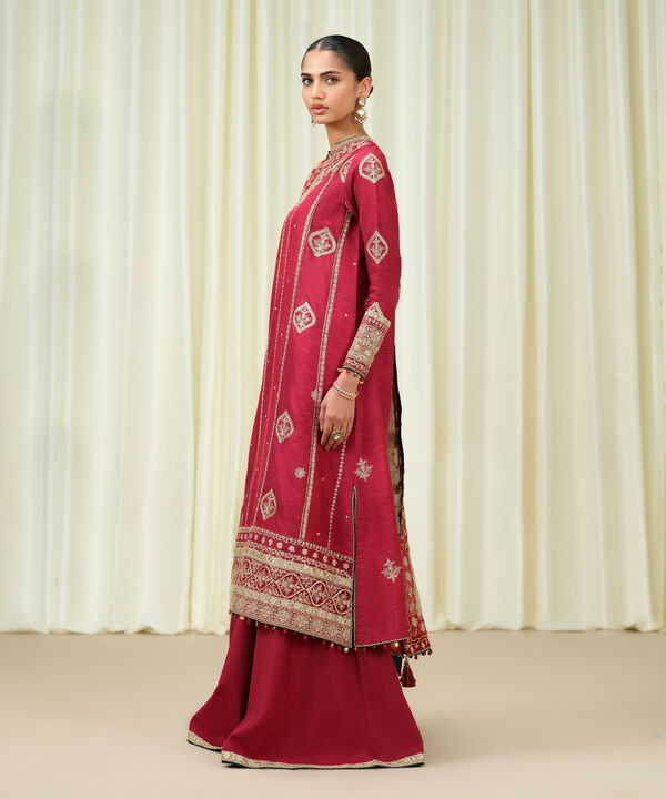 3 Piece - Embroidered Raw Silk Suit
