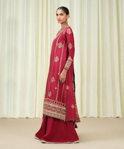 3 Piece - Embroidered Raw Silk Suit