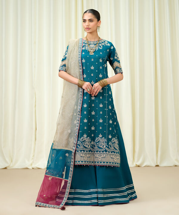 3 Piece - Embroidered Raw Silk Suit