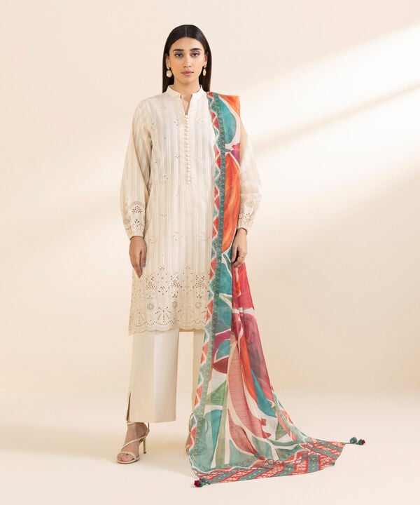 3 Piece - Embroidered Dobby Suit (Unstitched)