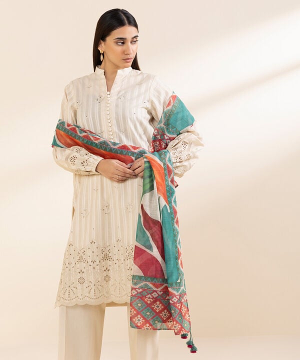 3 Piece - Embroidered Dobby Suit (Unstitched)