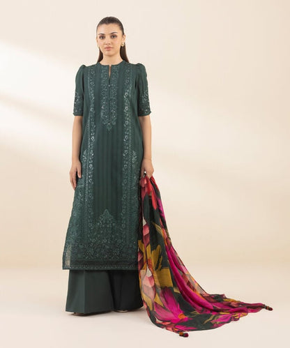 3 Piece - Embroidered Dobby Suit (Unstitched)