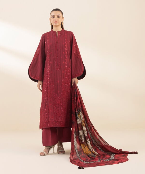 3 Piece - Embroidered Dobby Suit (Unstitched)