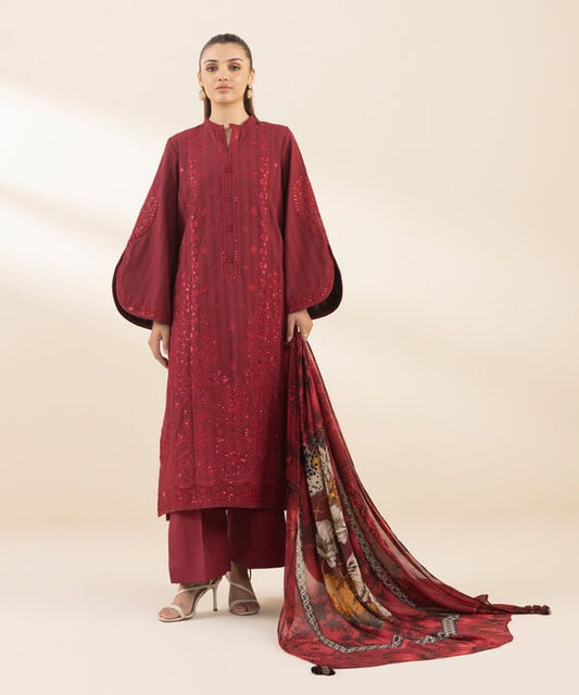 3 Piece - Embroidered Dobby Suit (Unstitched)