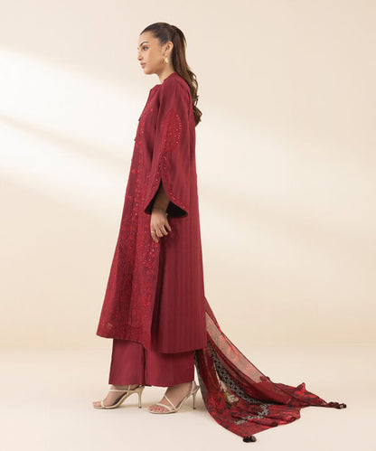 3 Piece - Embroidered Dobby Suit (Unstitched)