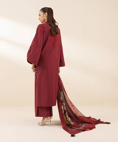 3 Piece - Embroidered Dobby Suit (Unstitched)