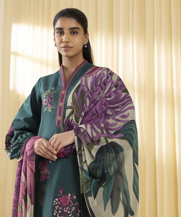 3 Piece - Embroidered Crosshatch Suit (Unstitched)