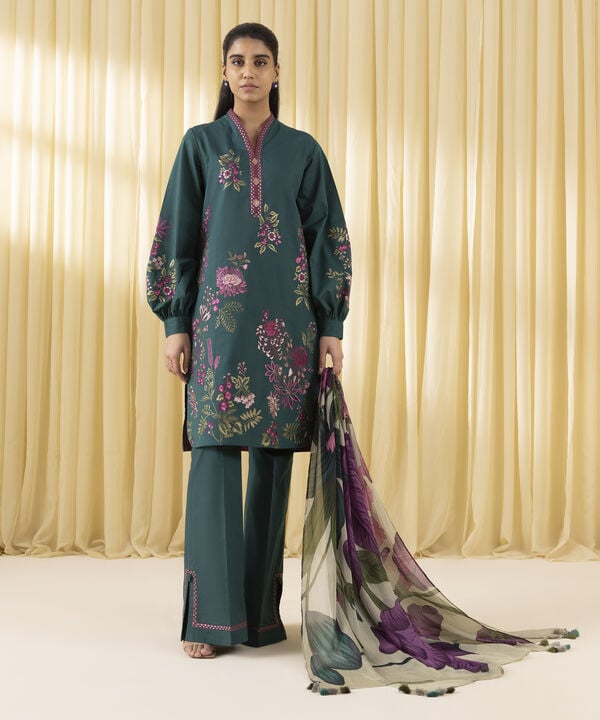 3 Piece - Embroidered Crosshatch Suit (Unstitched)