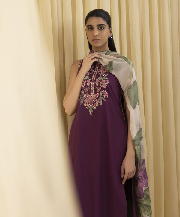 3 Piece - Embroidered Crosshatch Suit (Unstitched)