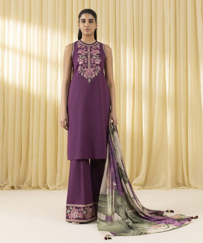 3 Piece - Embroidered Crosshatch Suit (Unstitched)