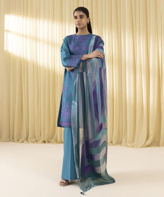 3 Piece - Embroidered Cotton Satin Suit (Unstitched)
