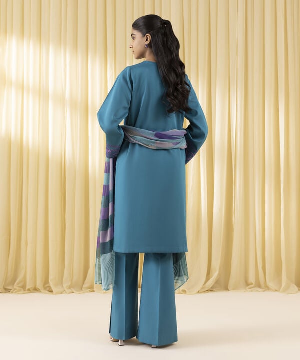 3 Piece - Embroidered Cotton Satin Suit (Unstitched)