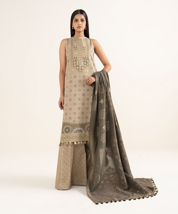 3 Piece - Embroidered Cotton Satin Suit