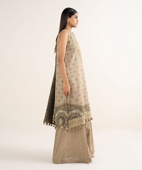 3 Piece - Embroidered Cotton Satin Suit