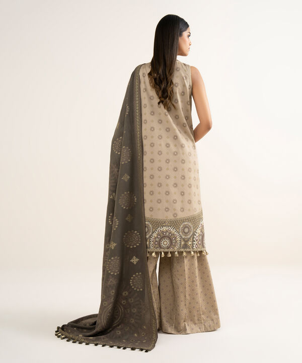 3 Piece - Embroidered Cotton Satin Suit