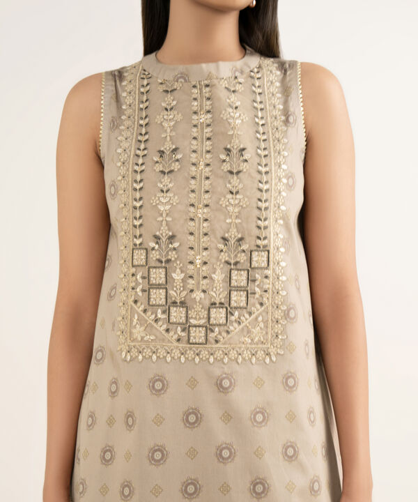 3 Piece - Embroidered Cotton Satin Suit