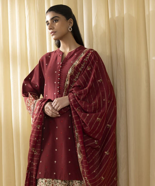 3 Piece - Embroidered Dobby Suit (Unstitched)