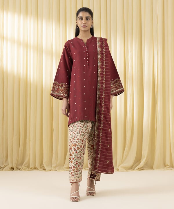 3 Piece - Embroidered Dobby Suit (Unstitched)