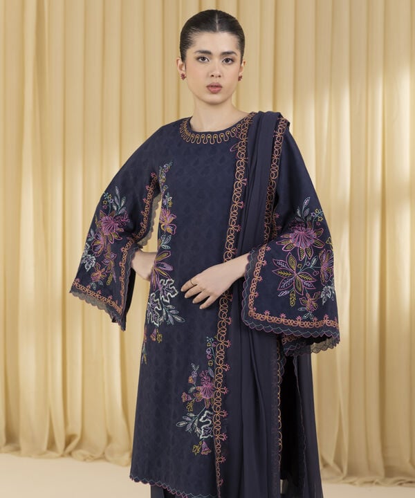 3 Piece - Embroidered Cotton Jacquard Suit (Unstitched)