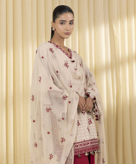 3 Piece - Embroidered Dobby Suit (Unstitched)