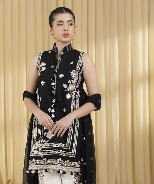 3 Piece - Embroidered Cotton Satin Suit (Unstitched)