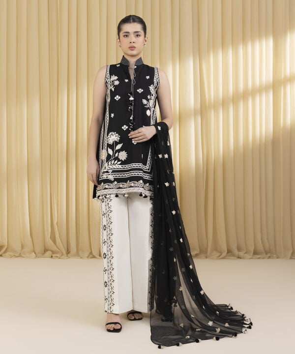 3 Piece - Embroidered Cotton Satin Suit (Unstitched)