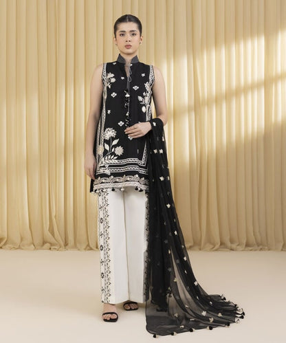 3 Piece - Embroidered Cotton Satin Suit (Unstitched)