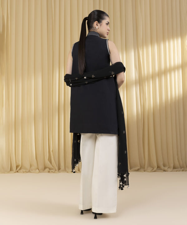 3 Piece - Embroidered Cotton Satin Suit (Unstitched)