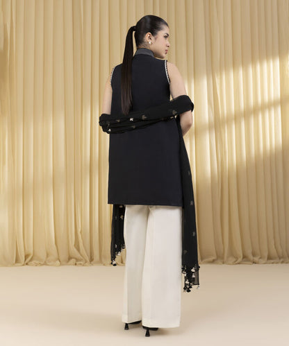 3 Piece - Embroidered Cotton Satin Suit (Unstitched)