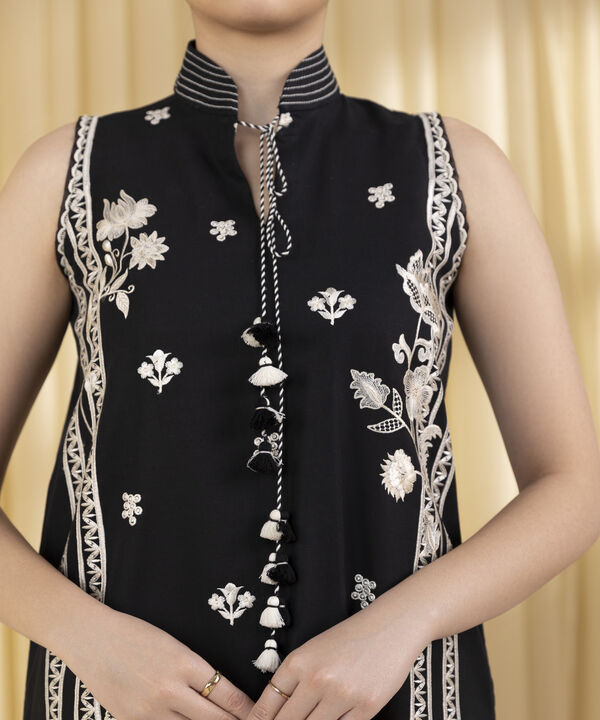 3 Piece - Embroidered Cotton Satin Suit (Unstitched)