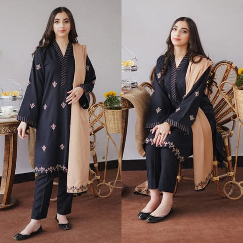 D-476 Black Dhanak Embroidered 3Pc Wt