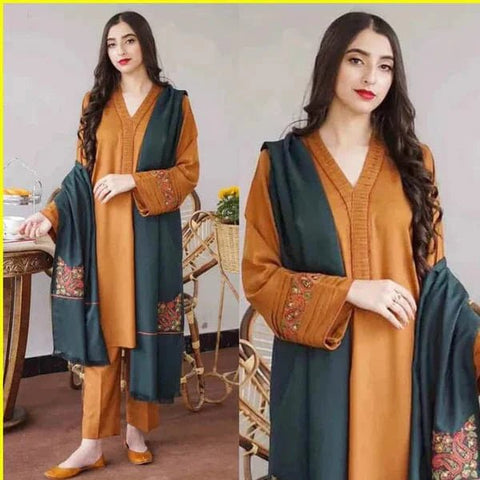 D-476 Musturd Dhanak Embroidered 3Pc Wt