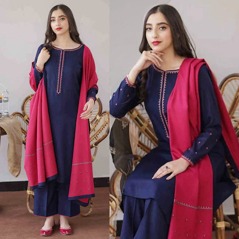 D-477 Blue Embroidered Dhanak 3pc