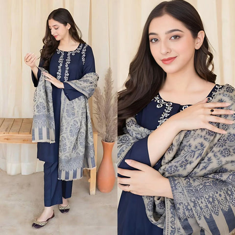SC-841 Blue Embroidered Dhanak 3pc Wt